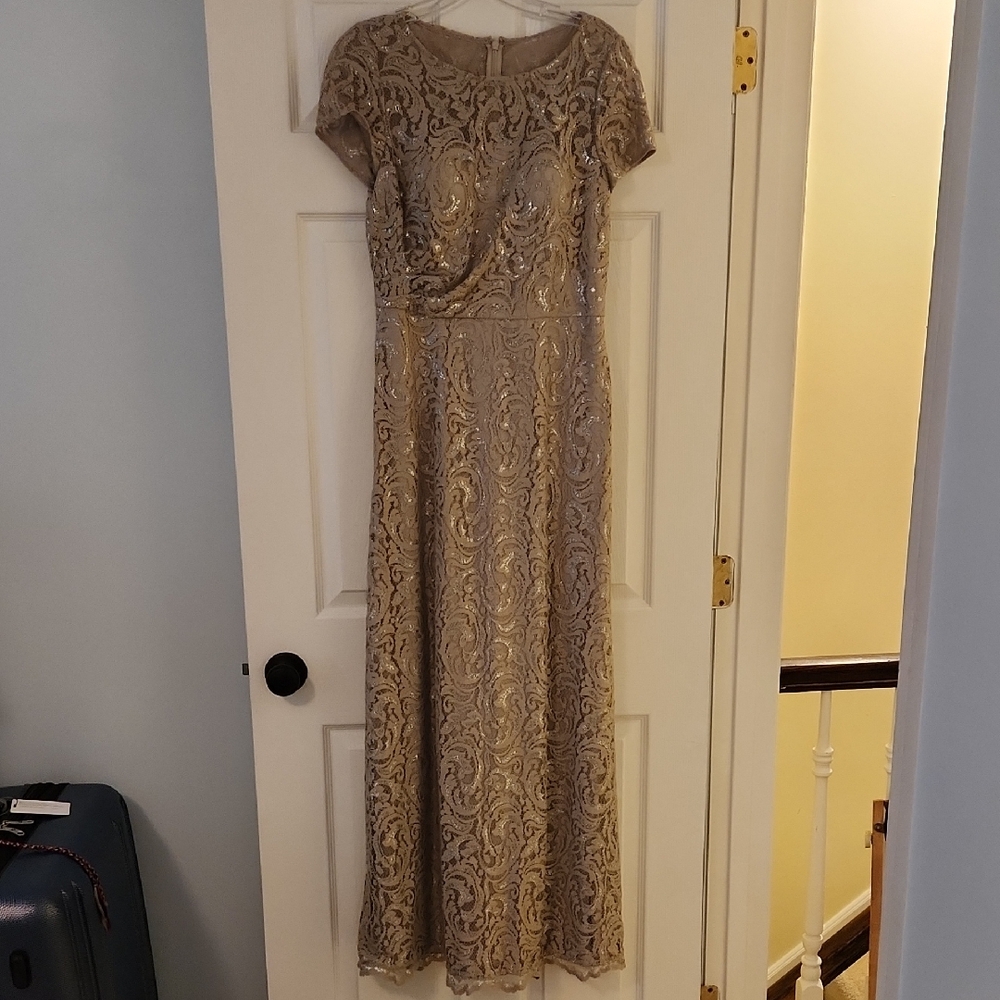 Hailey By Adrianna Papell Taupe And Silver Lace Evening Gown